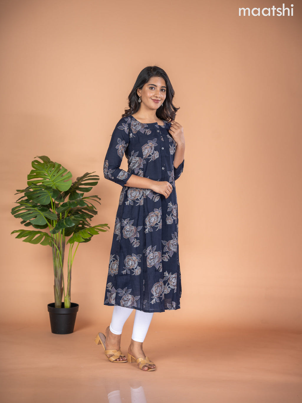Rayon A-line kurti deep navy blue with allover floral butta prints & simple neck pattern without pant