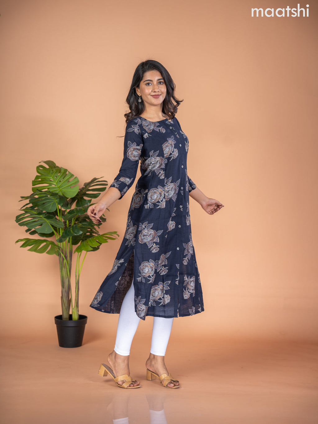 Rayon A-line kurti deep navy blue with allover floral butta prints & simple neck pattern without pant