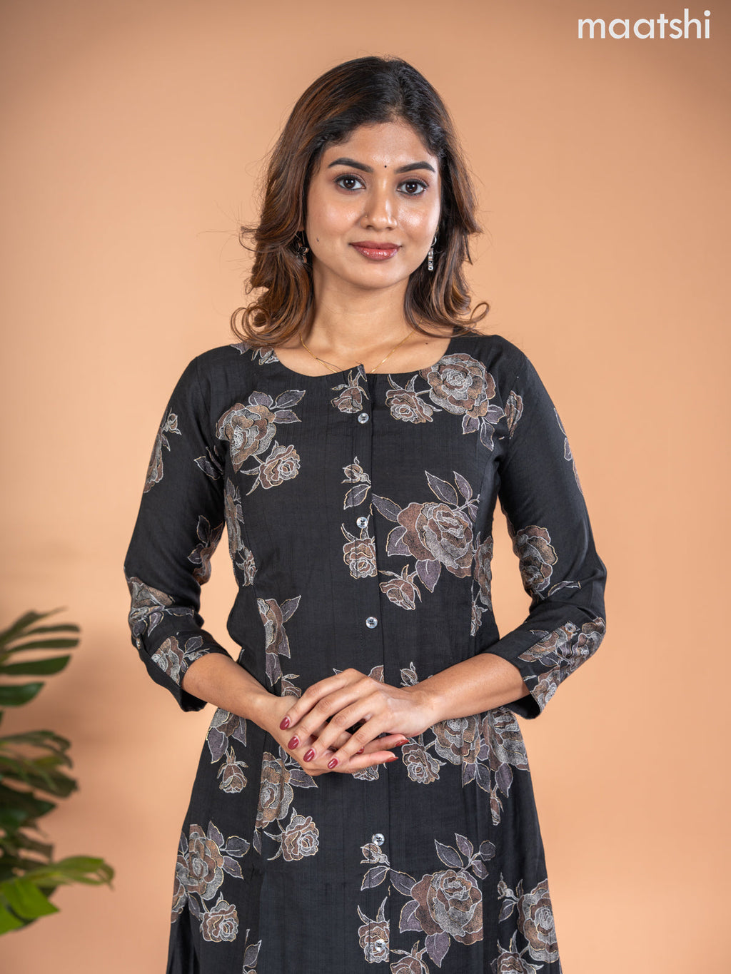 Rayon A-line kurti black with allover floral butta prints & simple neck pattern without pant