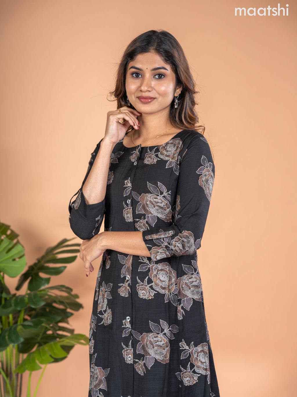 Rayon A-line kurti black with allover floral butta prints & simple neck pattern without pant