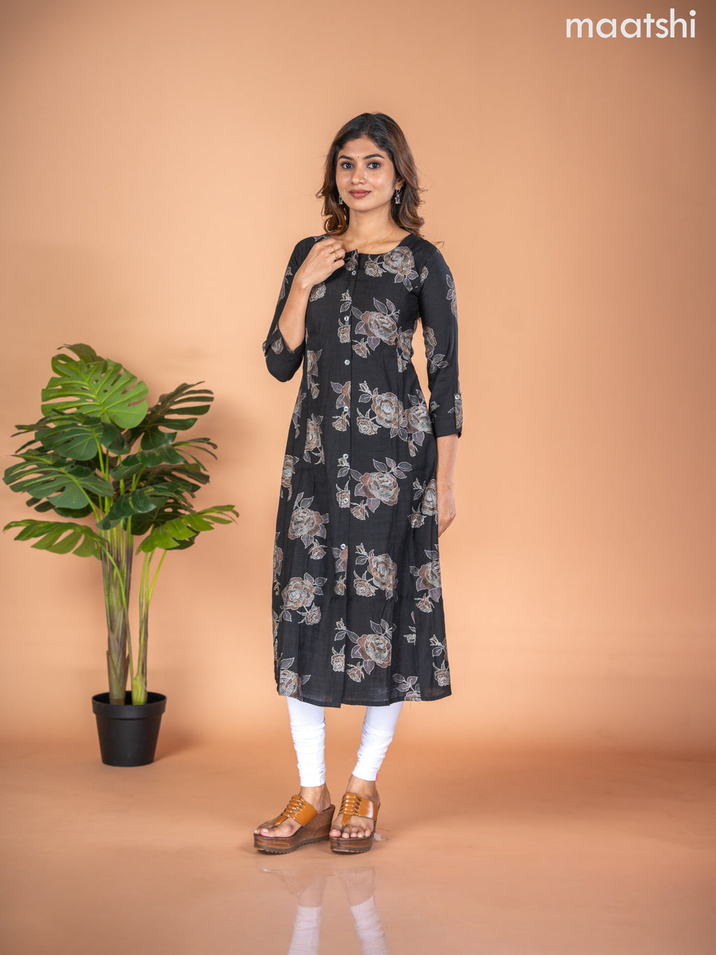 Rayon A-line kurti black with allover floral butta prints & simple neck pattern without pant