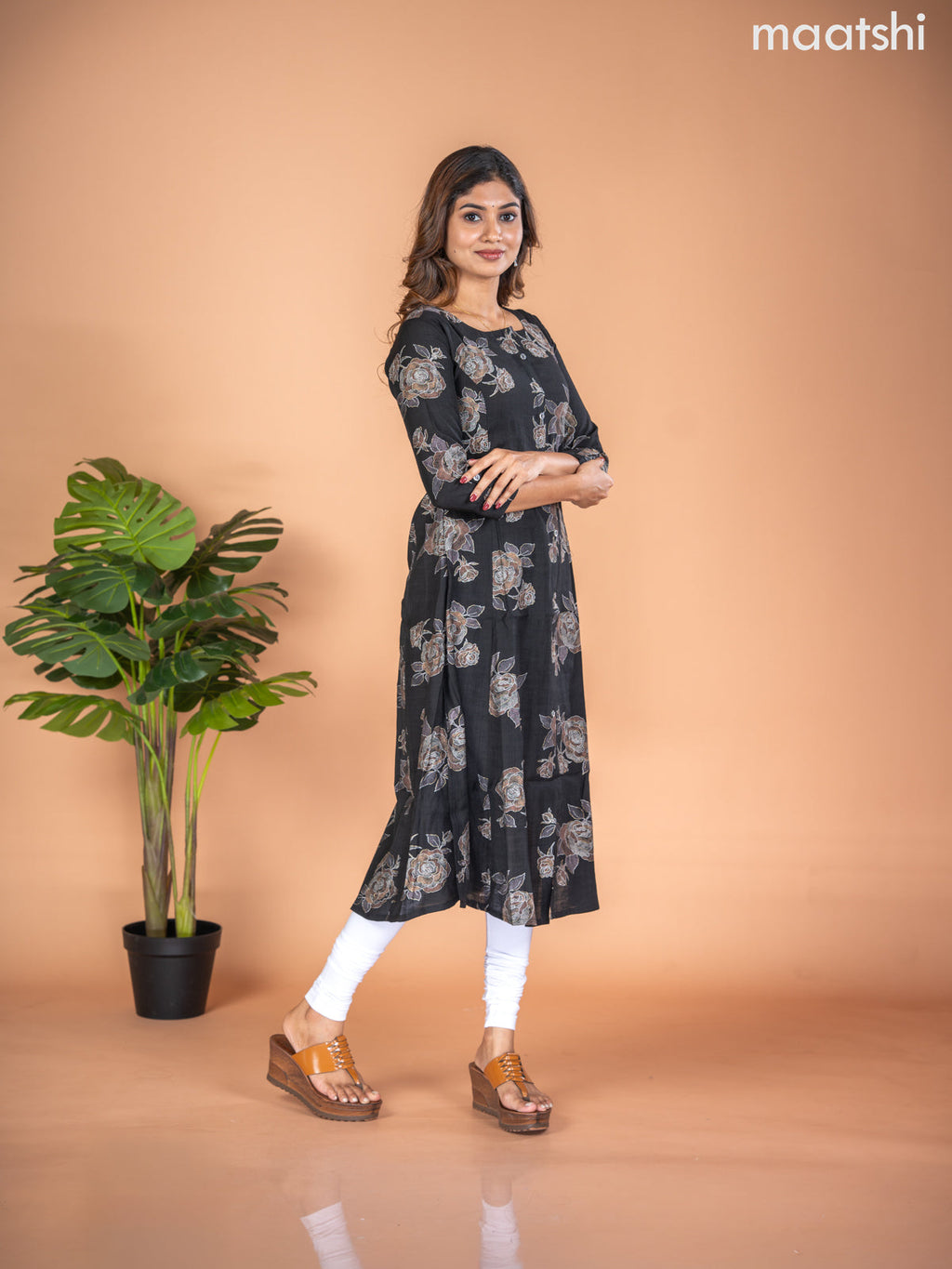 Rayon A-line kurti black with allover floral butta prints & simple neck pattern without pant