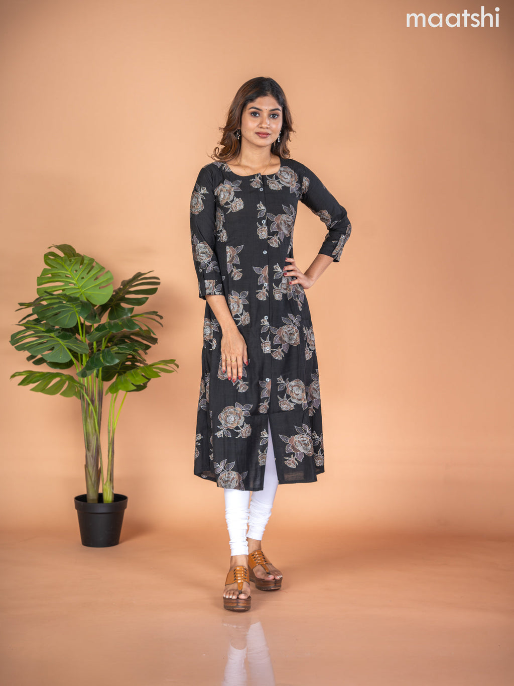 Rayon A-line kurti black with allover floral butta prints & simple neck pattern without pant