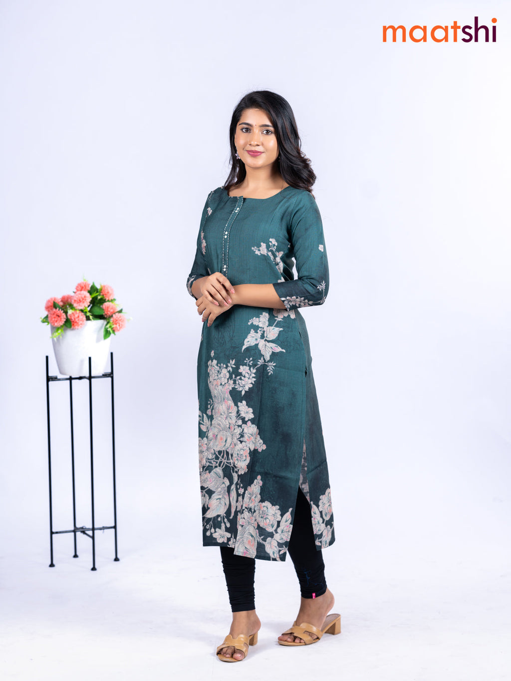 Rayon kurti peacock green with allover floral prints & kantha stitch work neck pattern without pant