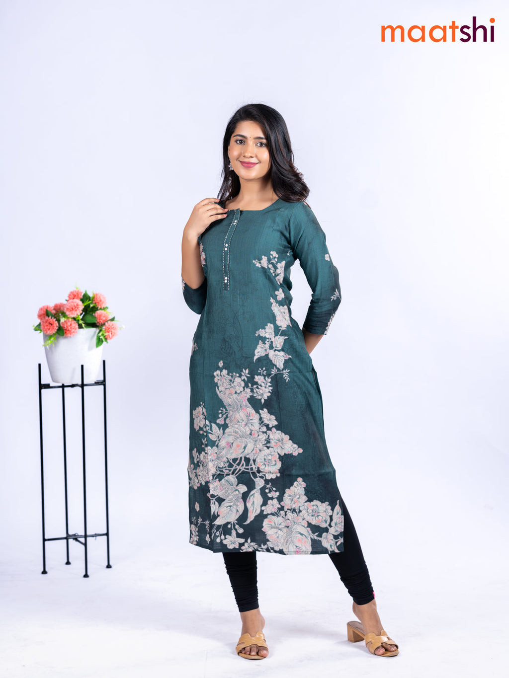 Rayon kurti peacock green with allover floral prints & kantha stitch work neck pattern without pant