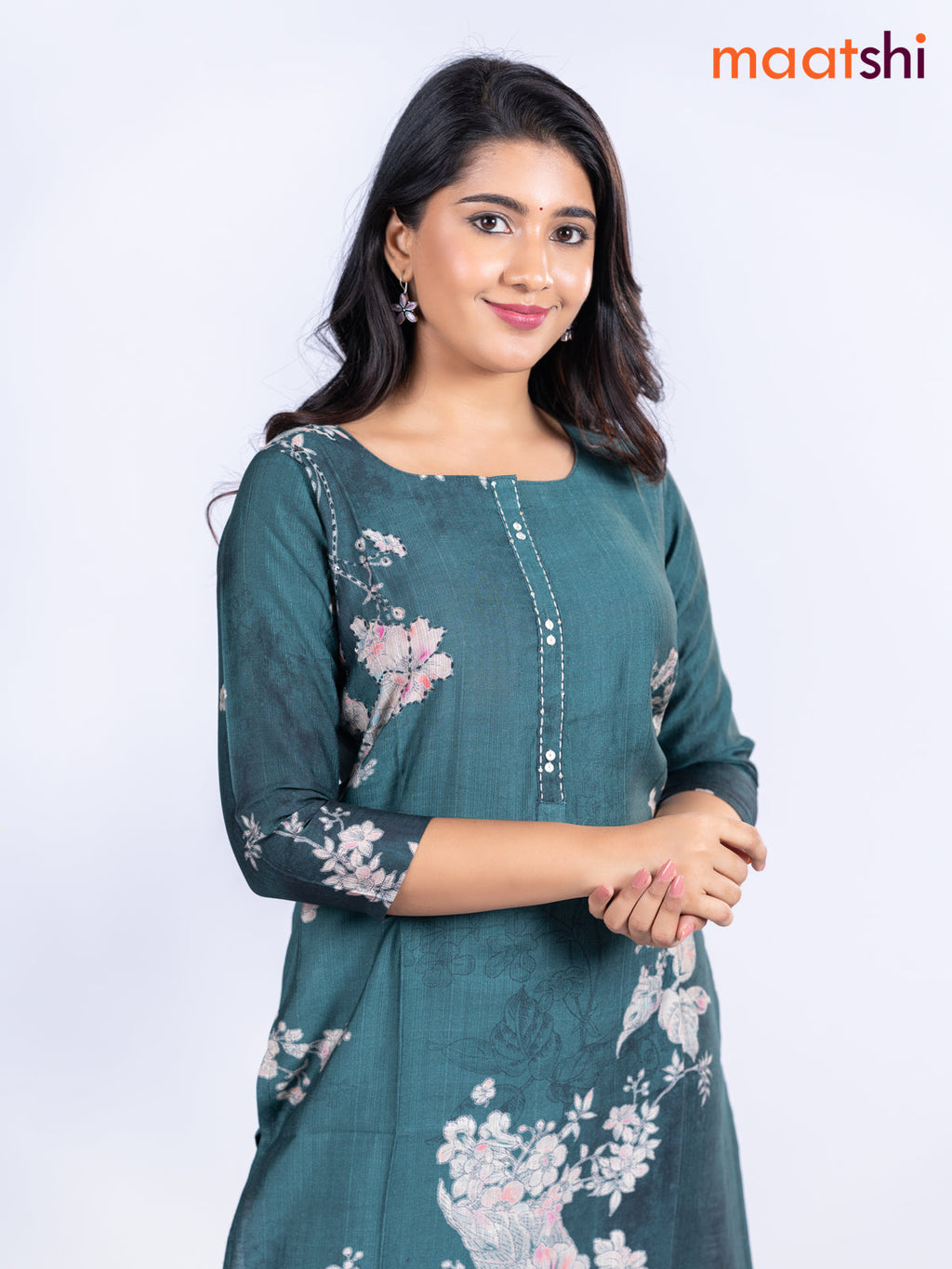 Rayon kurti peacock green with allover floral prints & kantha stitch work neck pattern without pant