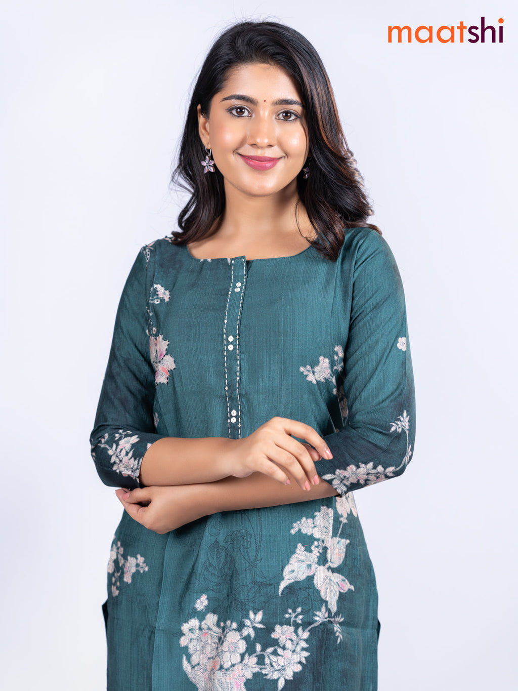 Rayon kurti peacock green with allover floral prints & kantha stitch work neck pattern without pant