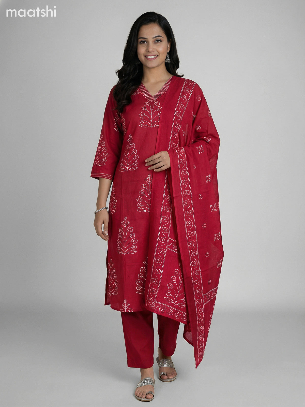 Maroon Cotton Printed Straight Suit