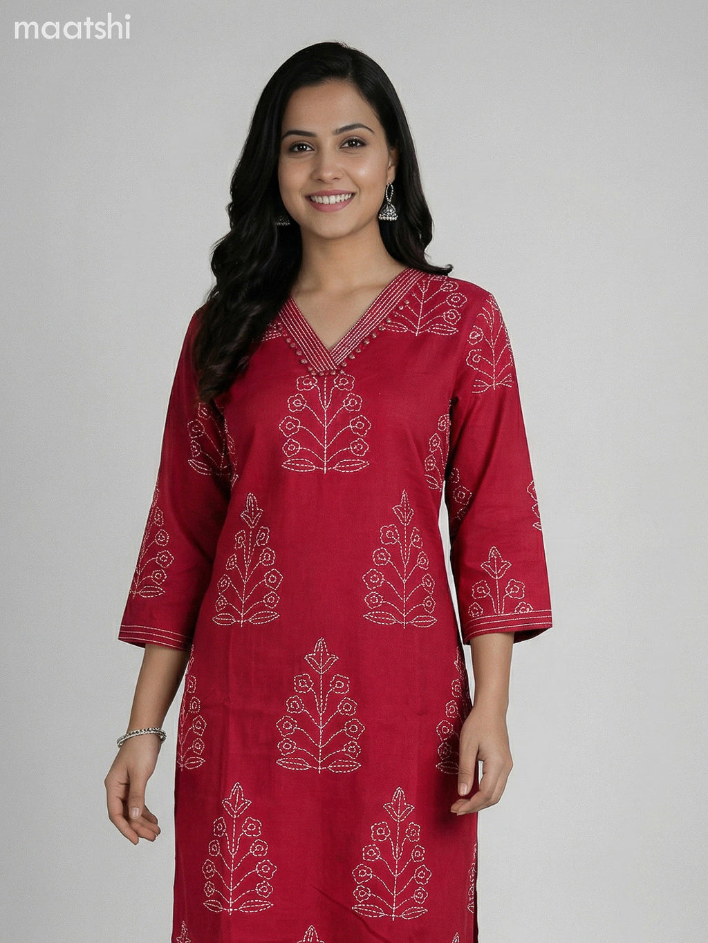 Maroon Cotton Printed Straight Suit