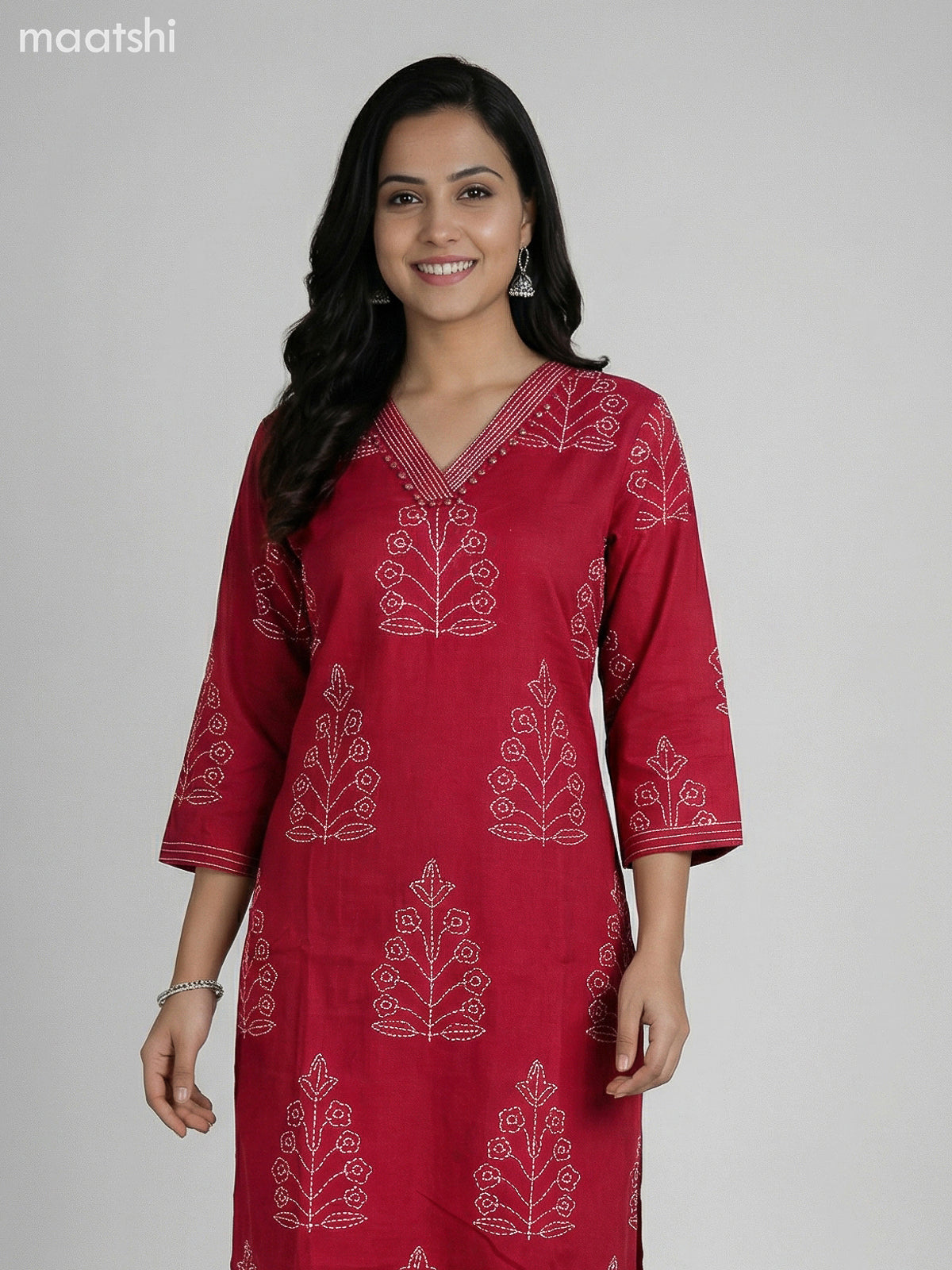 Maroon Cotton Printed Straight Suit