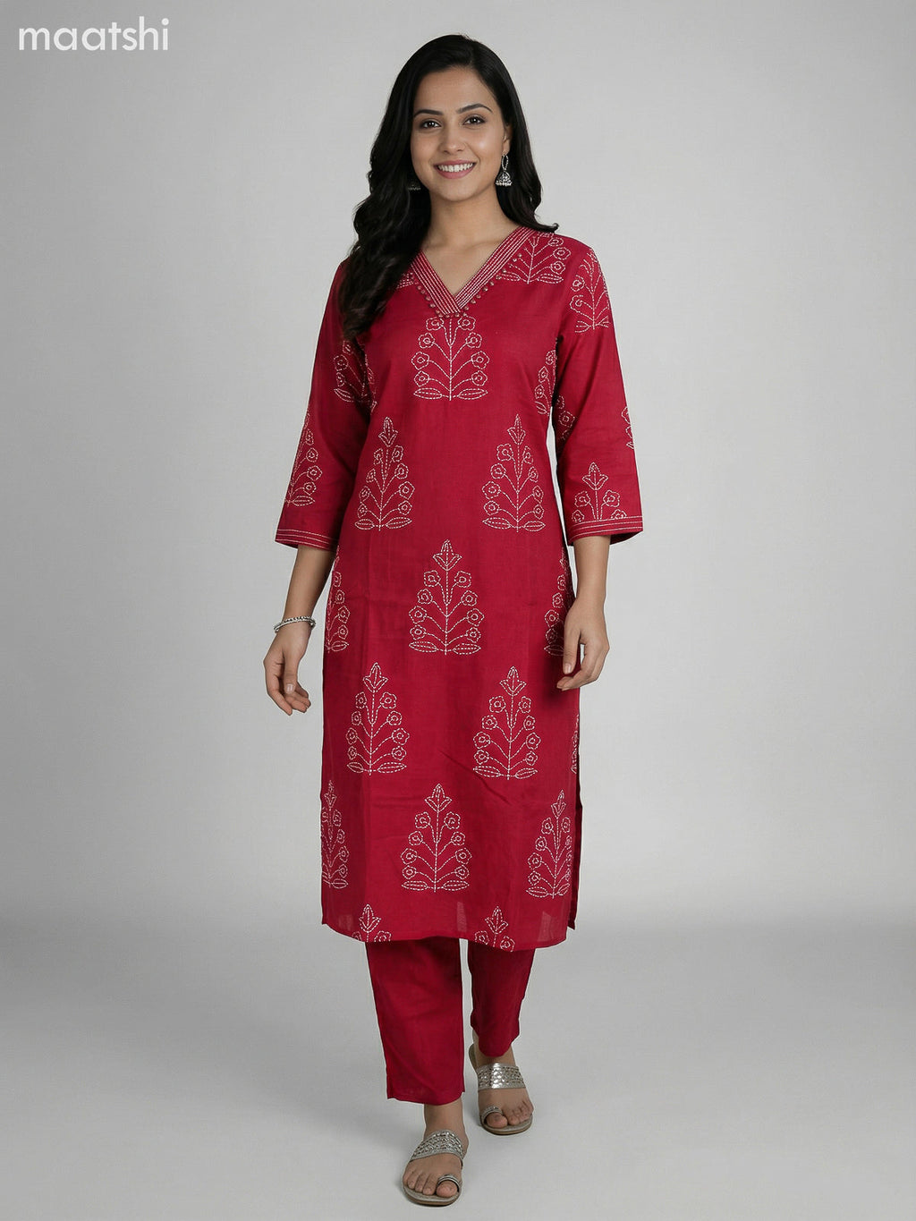 Maroon Cotton Printed Straight Suit