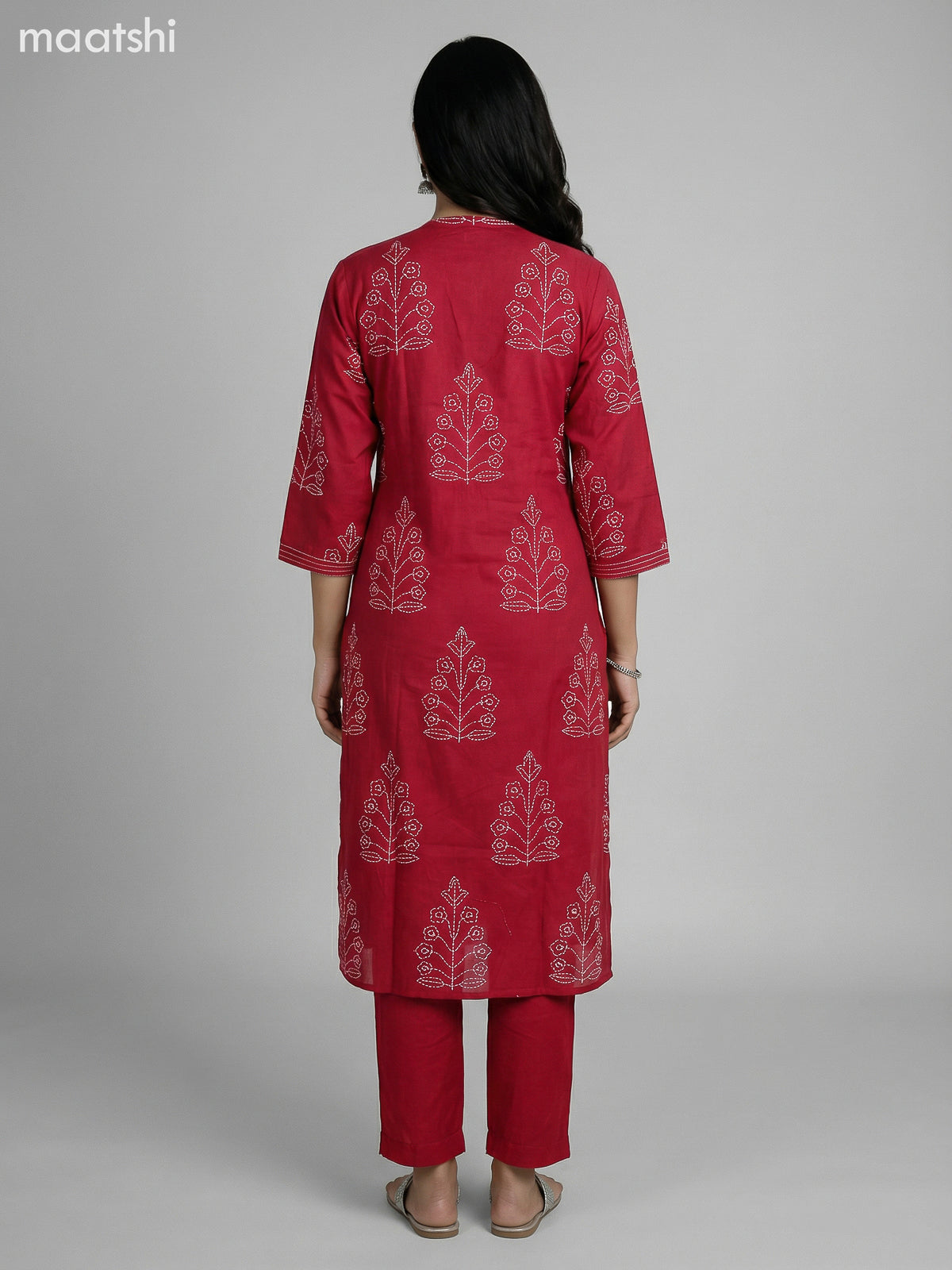 Maroon Cotton Printed Straight Suit