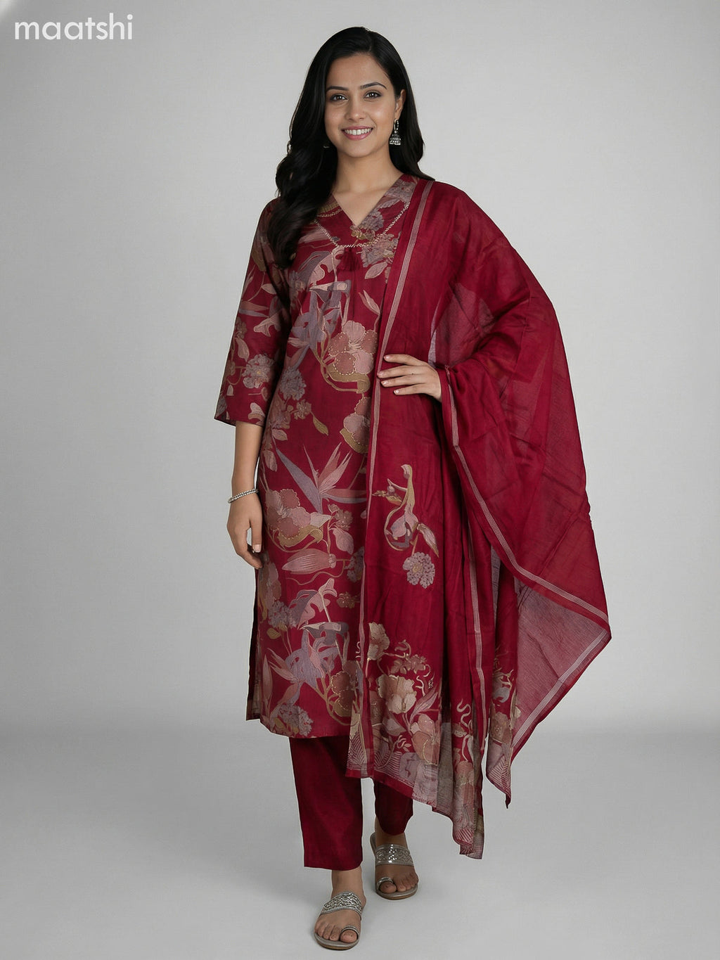 Maroon Modal Floral Printed Straight Suit