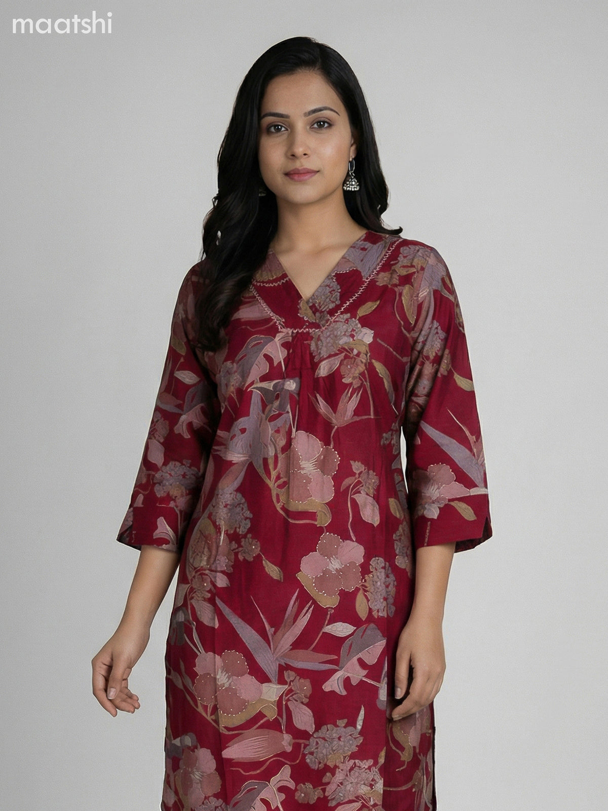 Maroon Modal Floral Printed Straight Suit