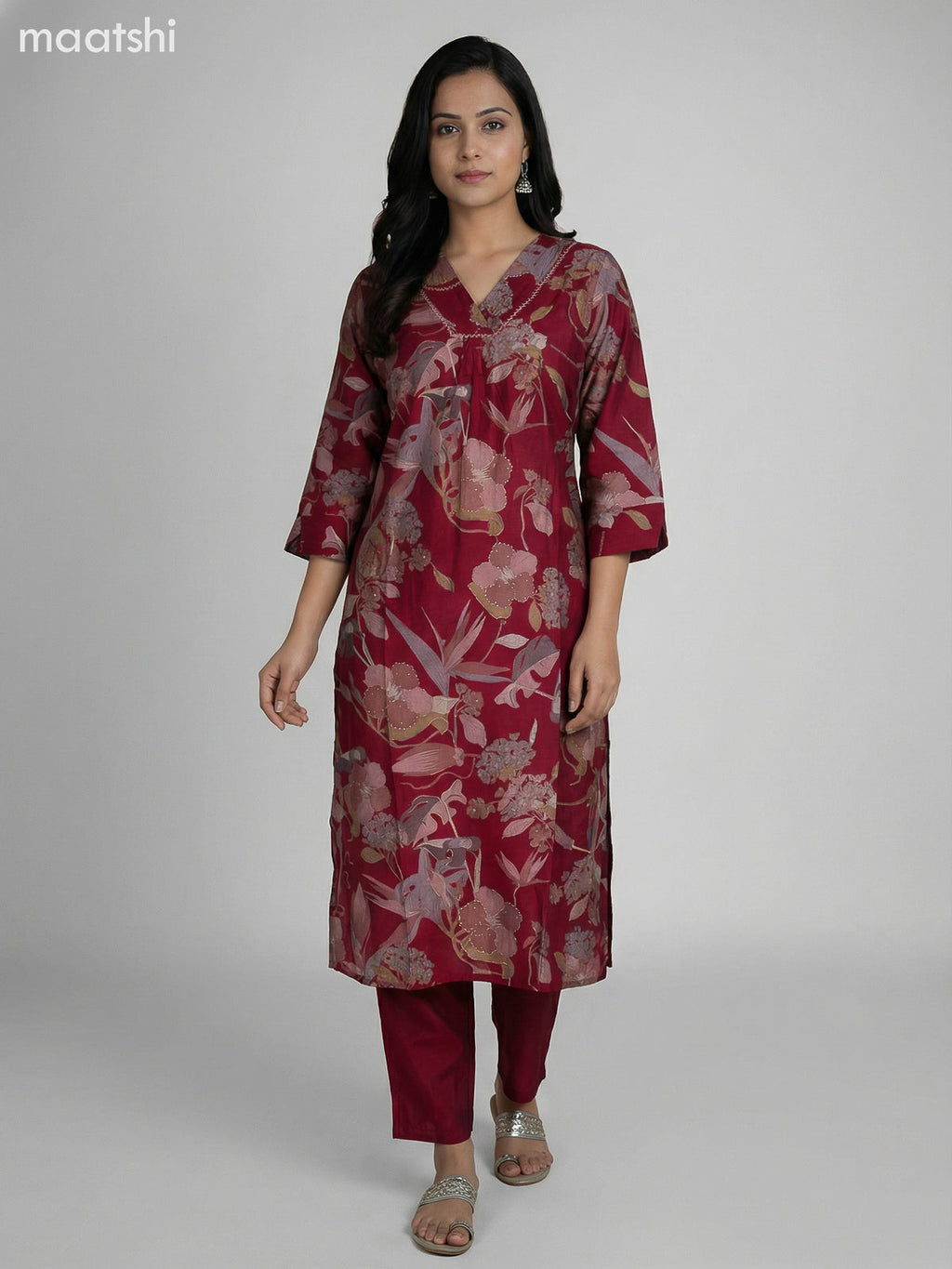 Maroon Modal Floral Printed Straight Suit