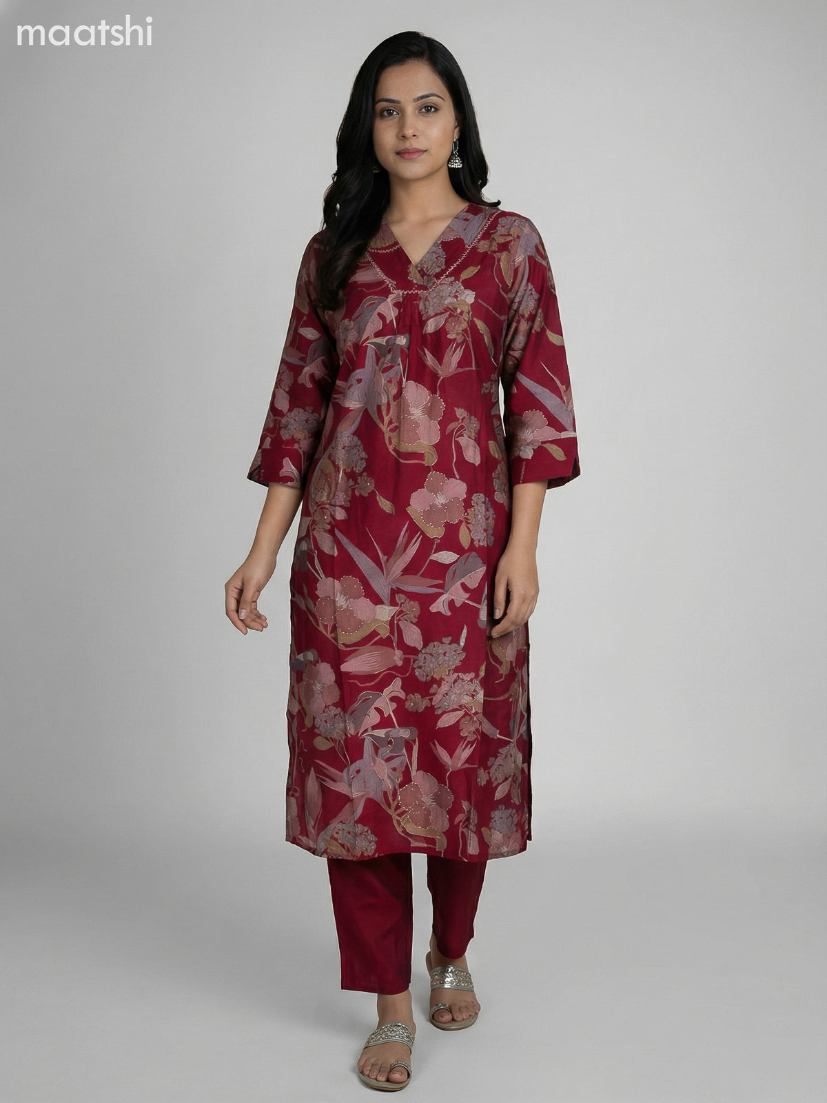 Maroon Modal Floral Printed Straight Suit