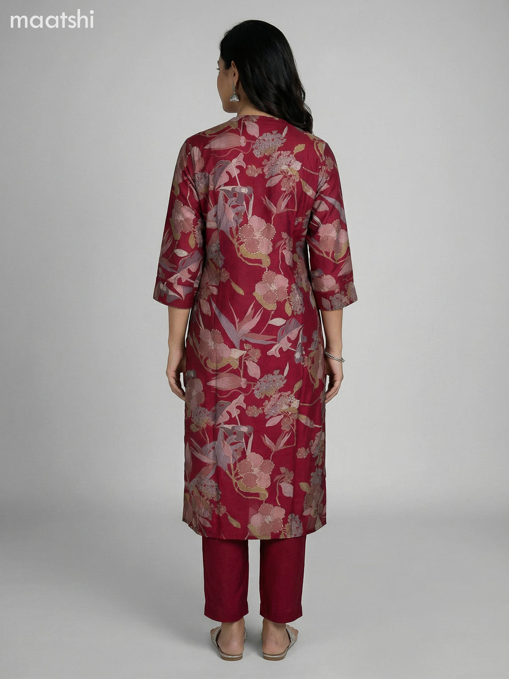 Maroon Modal Floral Printed Straight Suit