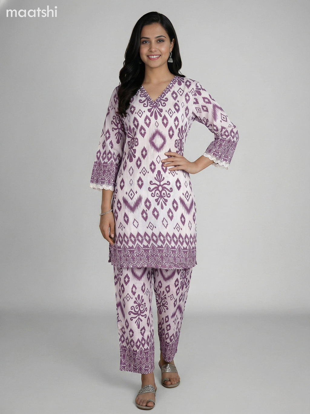 Off White and Rosy Brown Semi Silk Floral Printed Co-Ord Set