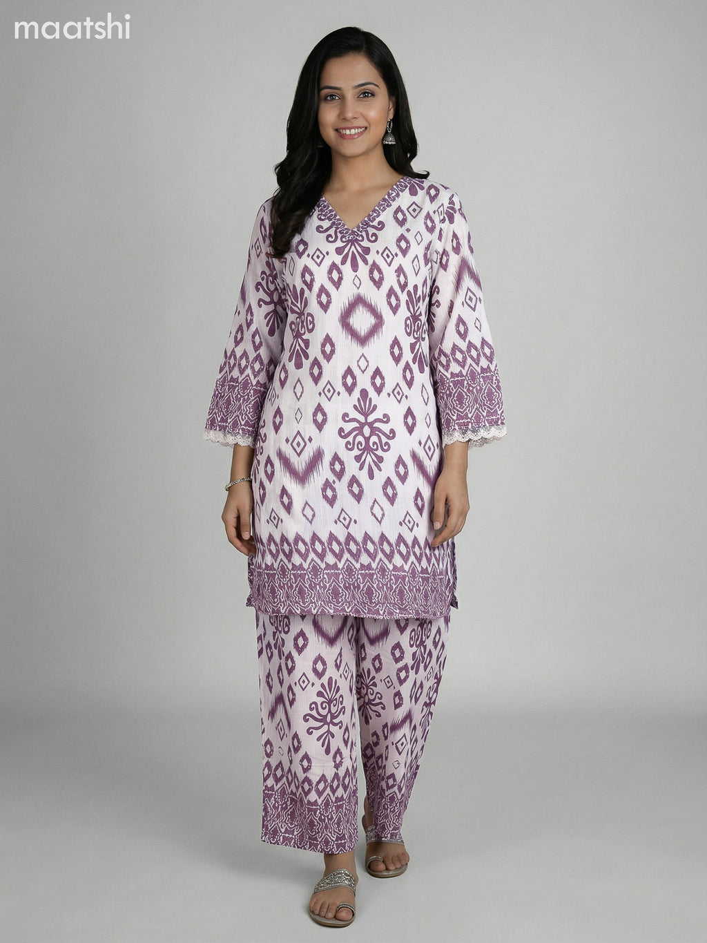 Off White and Rosy Brown Semi Silk Floral Printed Co-Ord Set