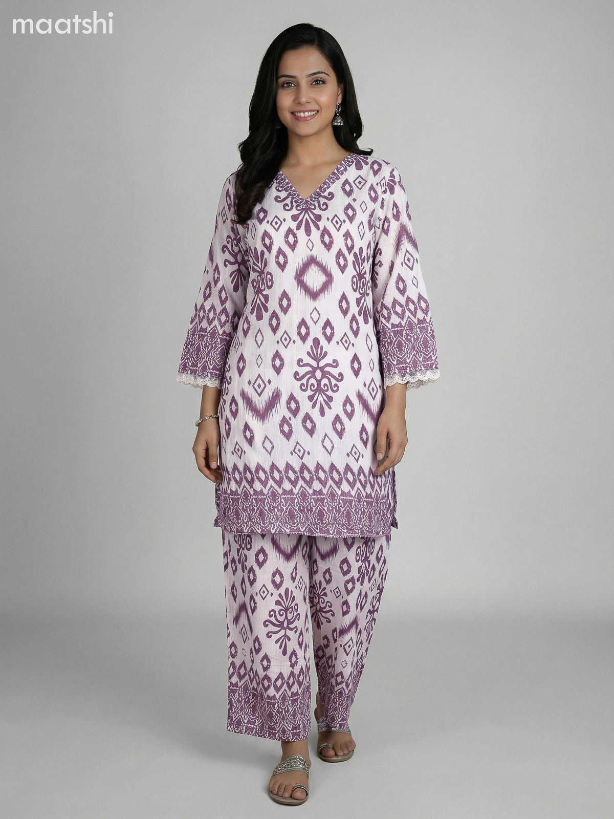 Off White and Rosy Brown Semi Silk Floral Printed Co-Ord Set