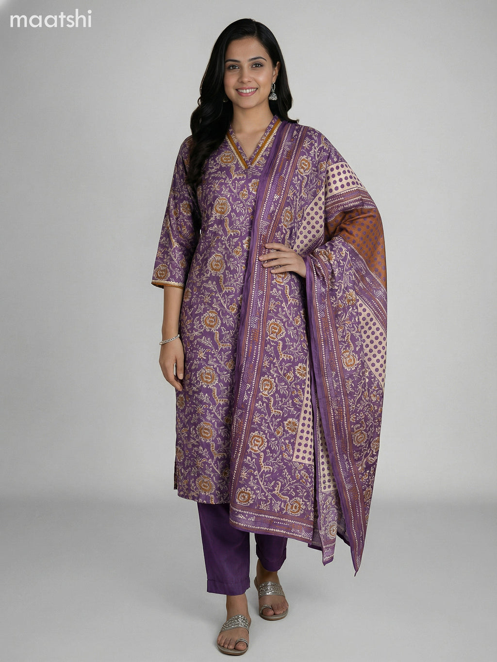 Purple Shade Semi Silk Floral Printed Straight Suit