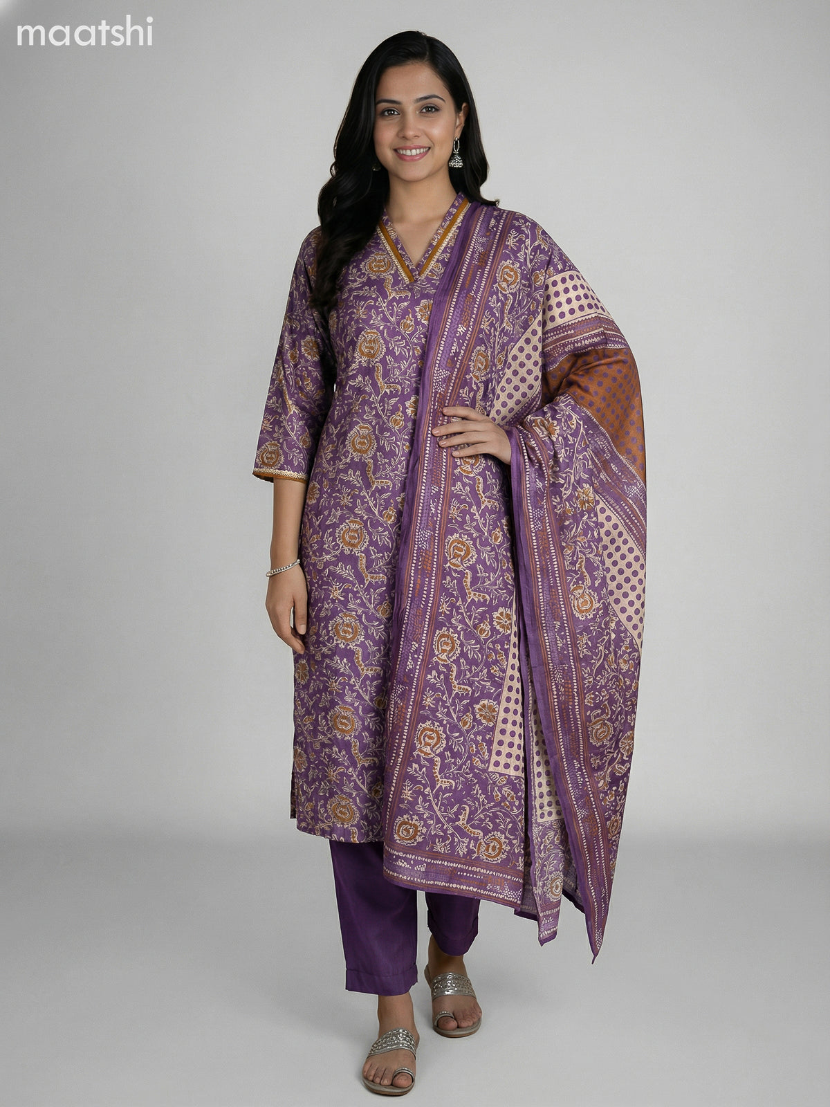Purple Shade Semi Silk Floral Printed Straight Suit