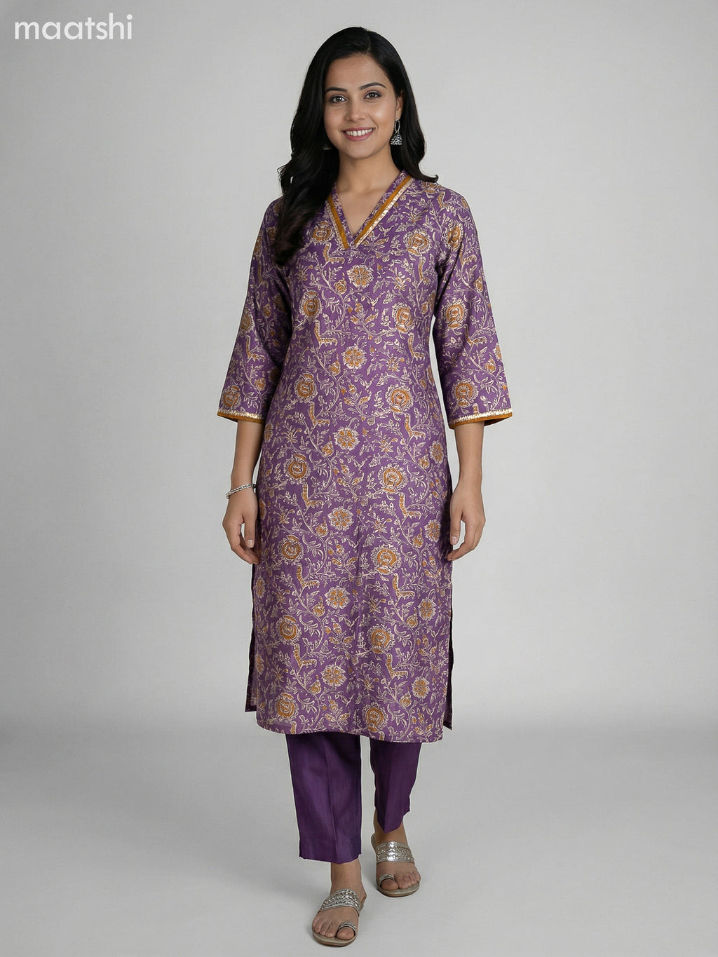 Purple Shade Semi Silk Floral Printed Straight Suit