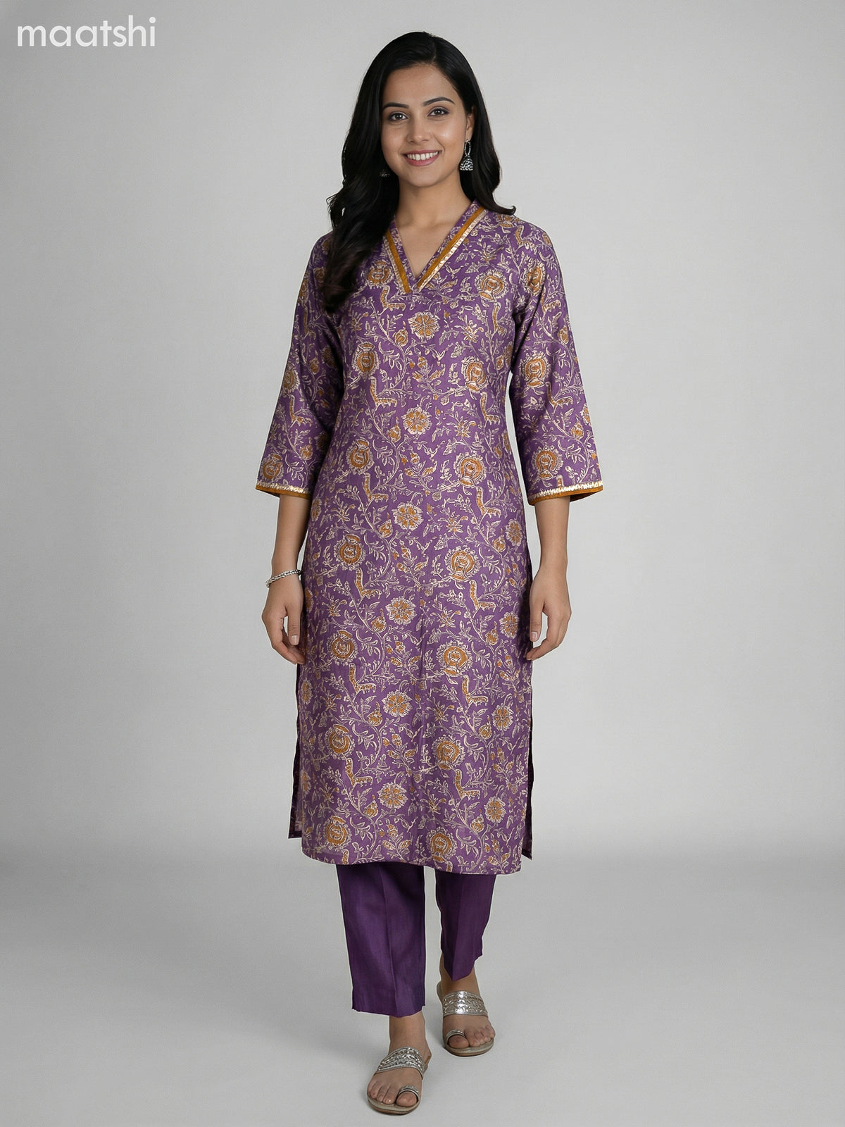 Purple Shade Semi Silk Floral Printed Straight Suit