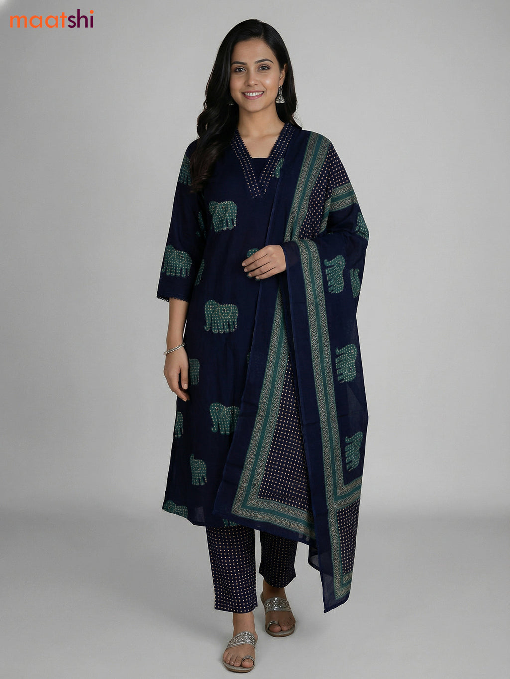 Navy Blue Cotton Elephant Printed A-Line Suit Straight Cut Pant