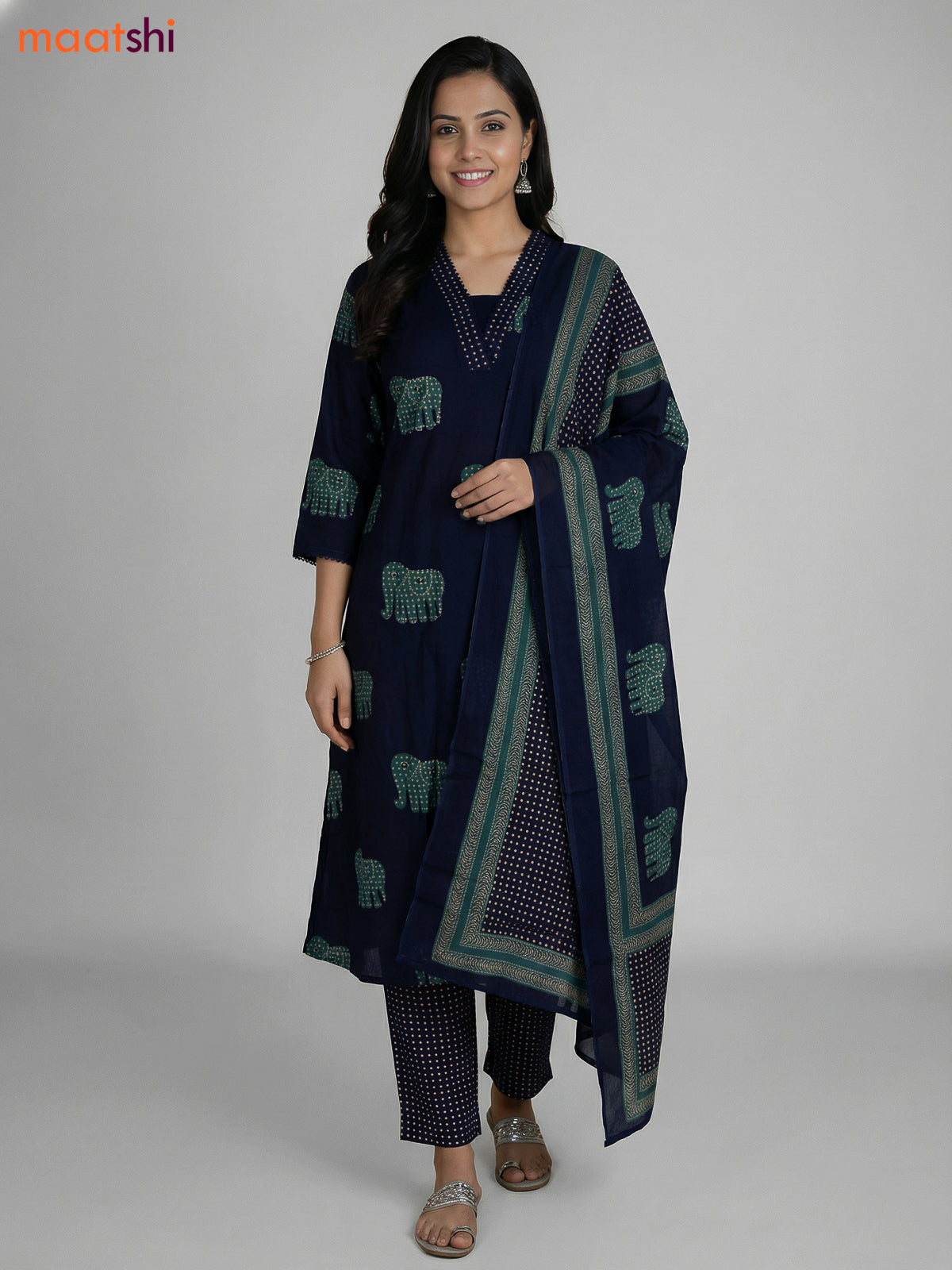 Navy Blue Cotton Elephant Printed A-Line Suit Straight Cut Pant