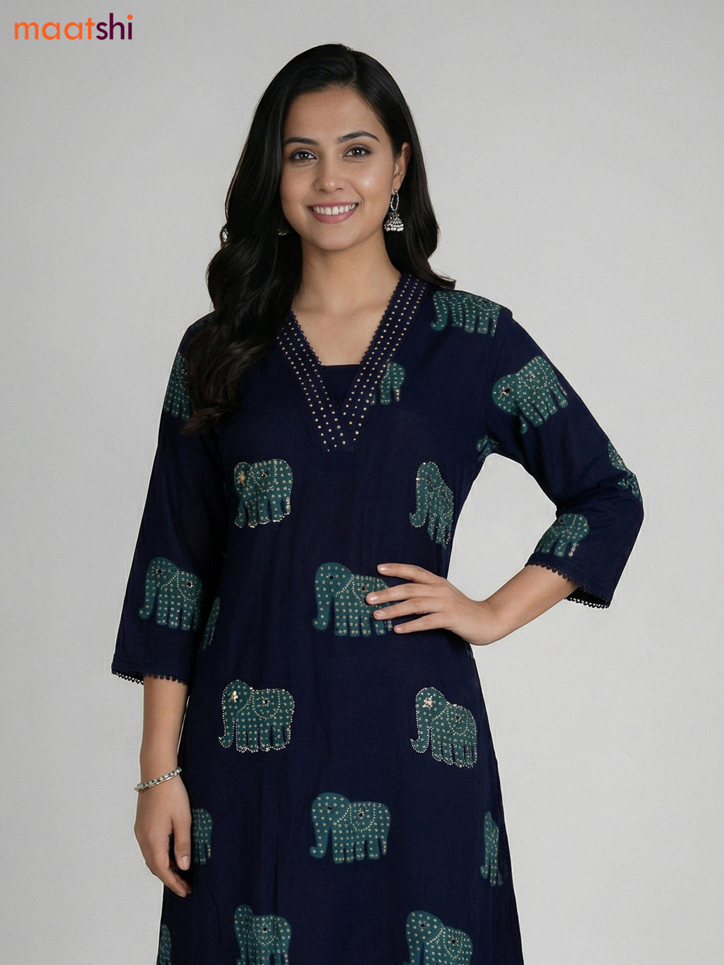 Navy Blue Cotton Elephant Printed A-Line Suit Straight Cut Pant