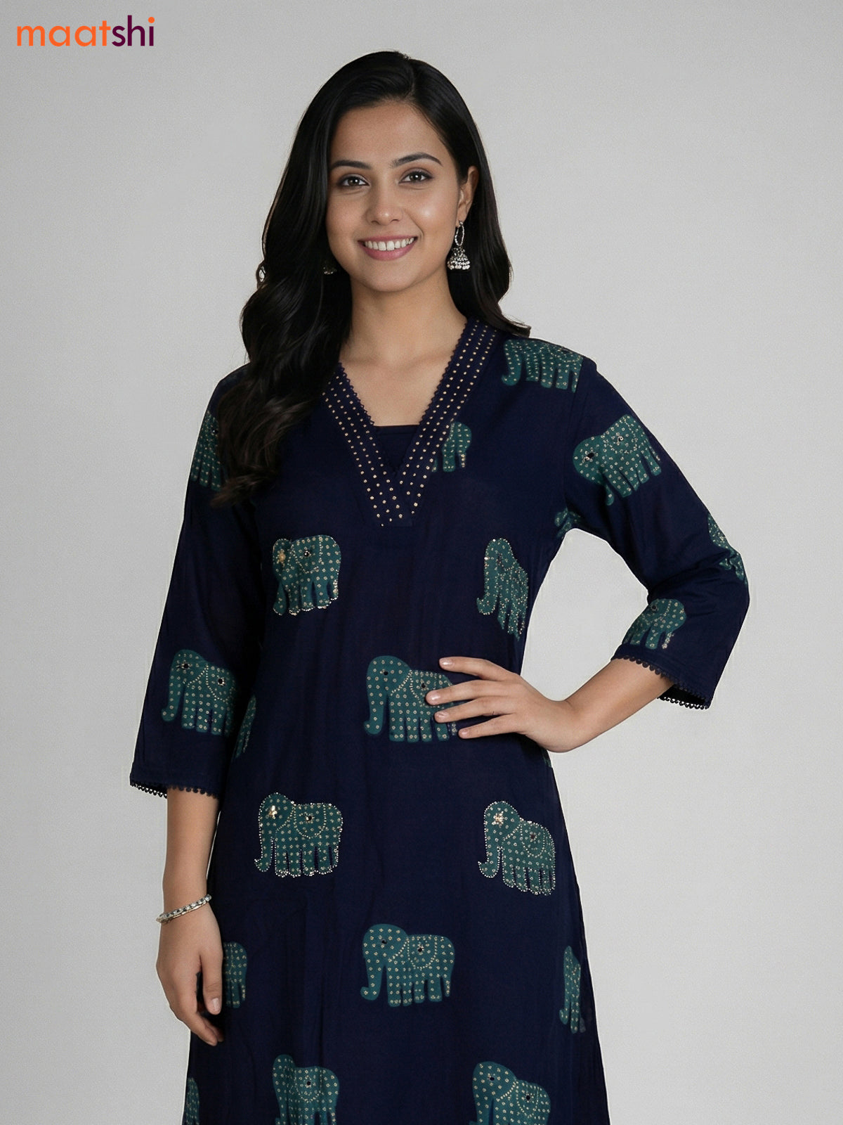 Navy Blue Cotton Elephant Printed A-Line Suit Straight Cut Pant