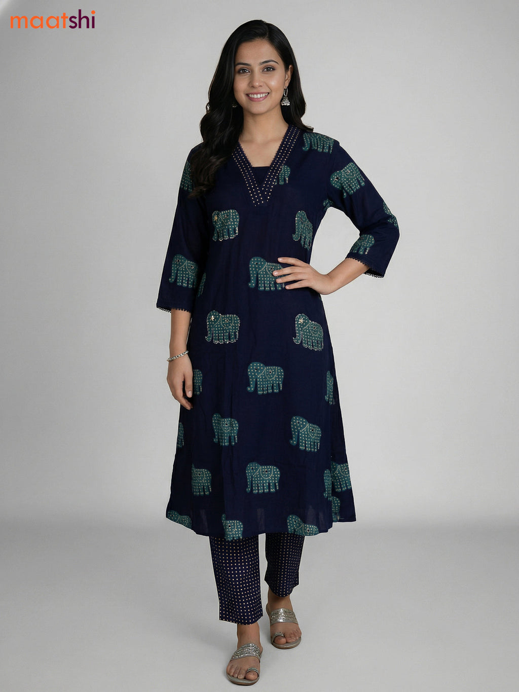 Navy Blue Cotton Elephant Printed A-Line Suit Straight Cut Pant