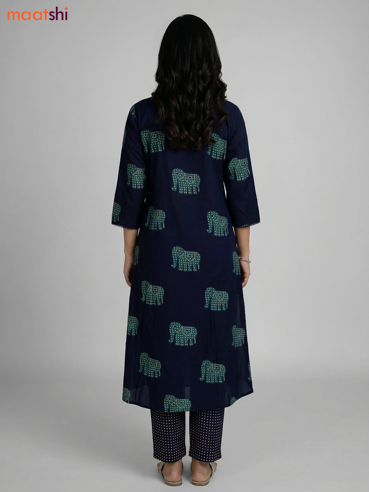 Navy Blue Cotton Elephant Printed A-Line Suit Straight Cut Pant