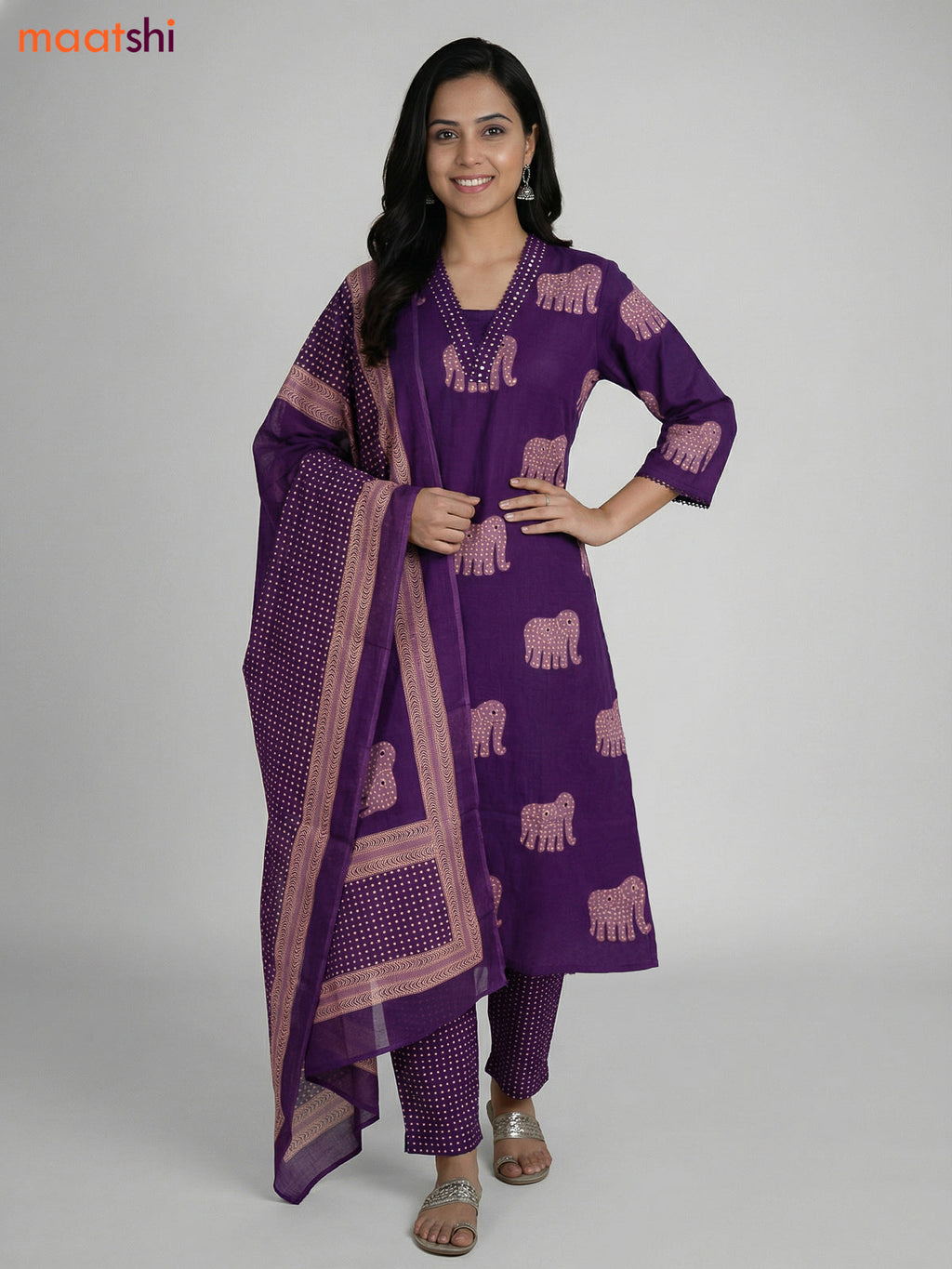 Purple Cotton Elephant Printed A-Line Suit Straight Cut Pant