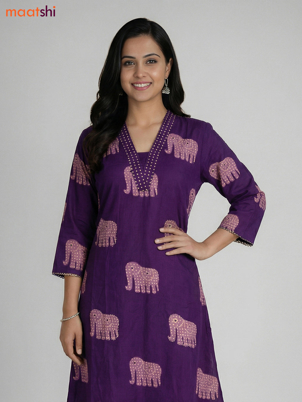 Purple Cotton Elephant Printed A-Line Suit Straight Cut Pant