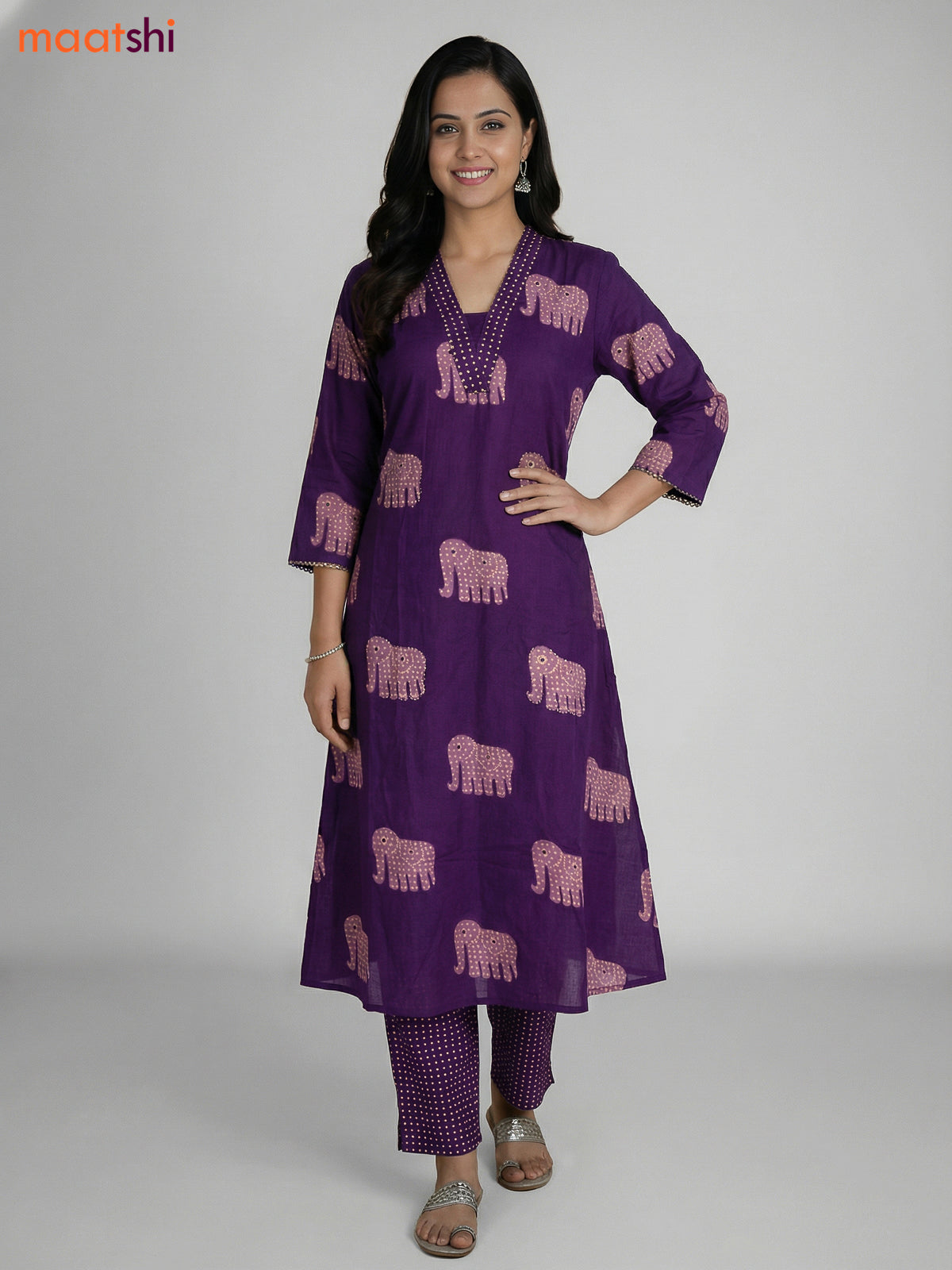Purple Cotton Elephant Printed A-Line Suit Straight Cut Pant