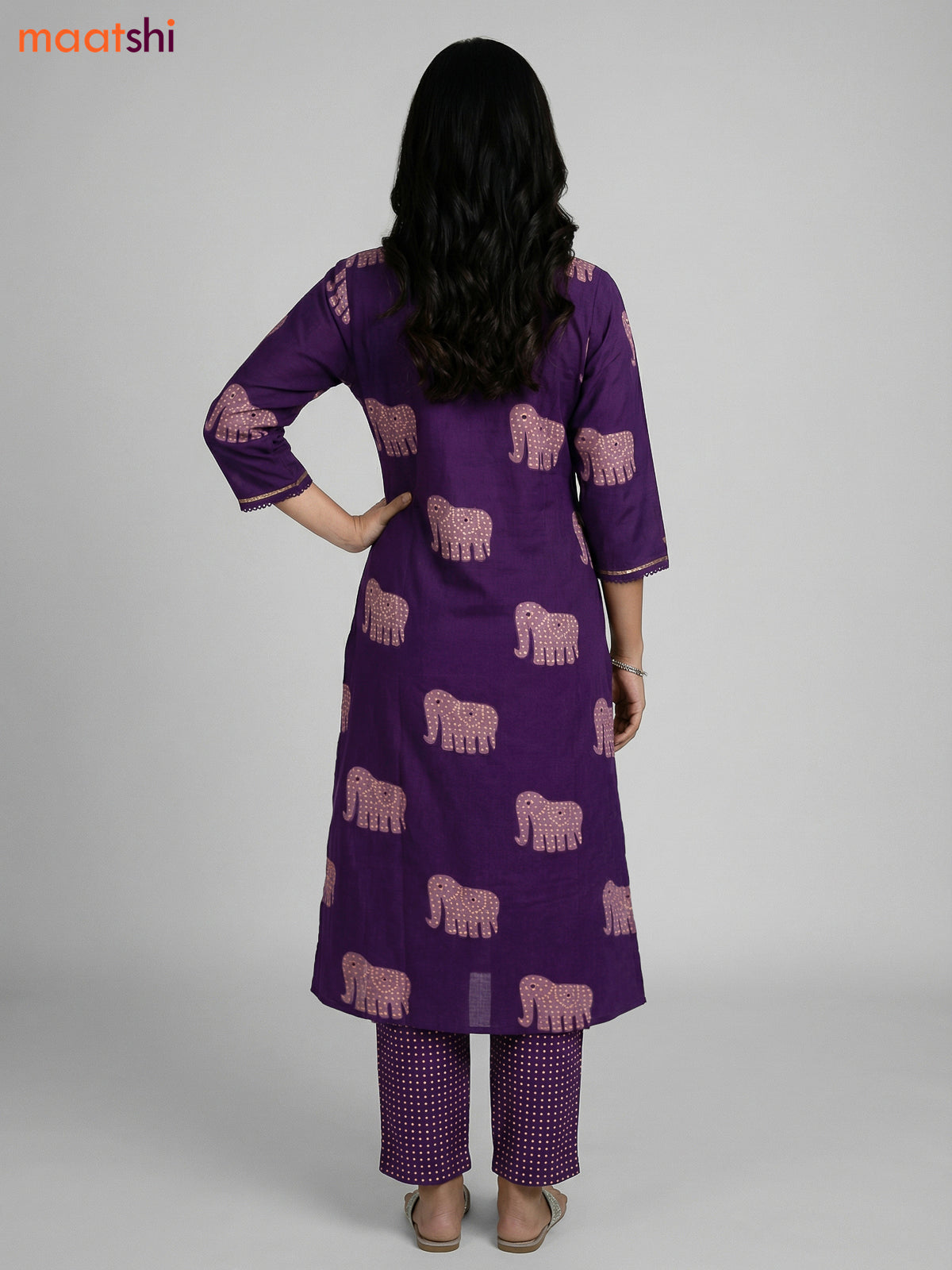 Purple Cotton Elephant Printed A-Line Suit Straight Cut Pant