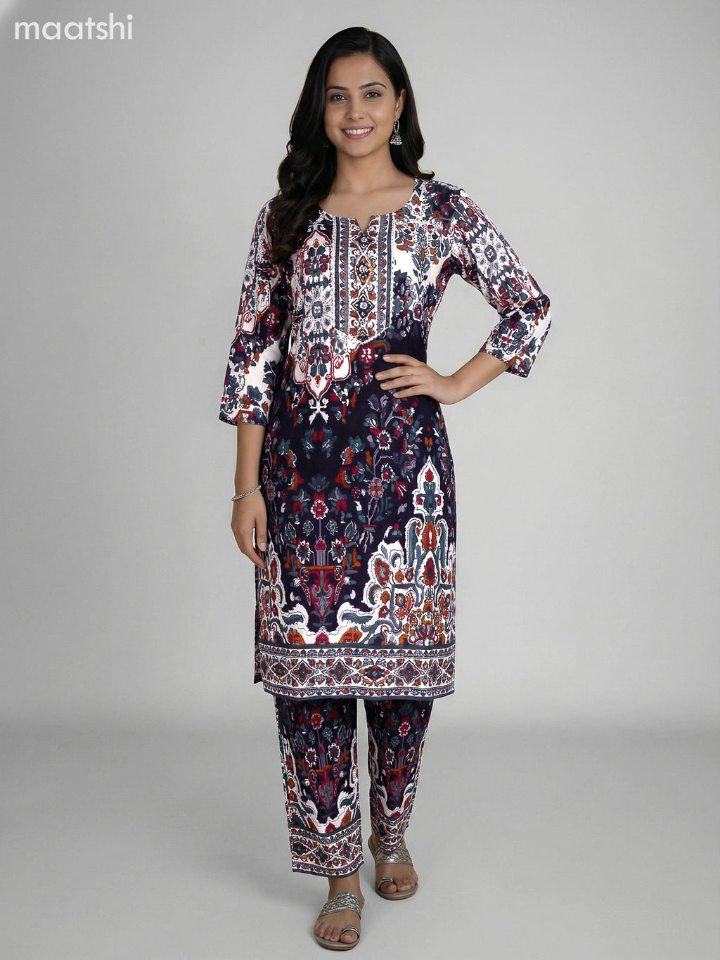Deep Navy Blue and Off White Cotton Printed Co-Ord Set