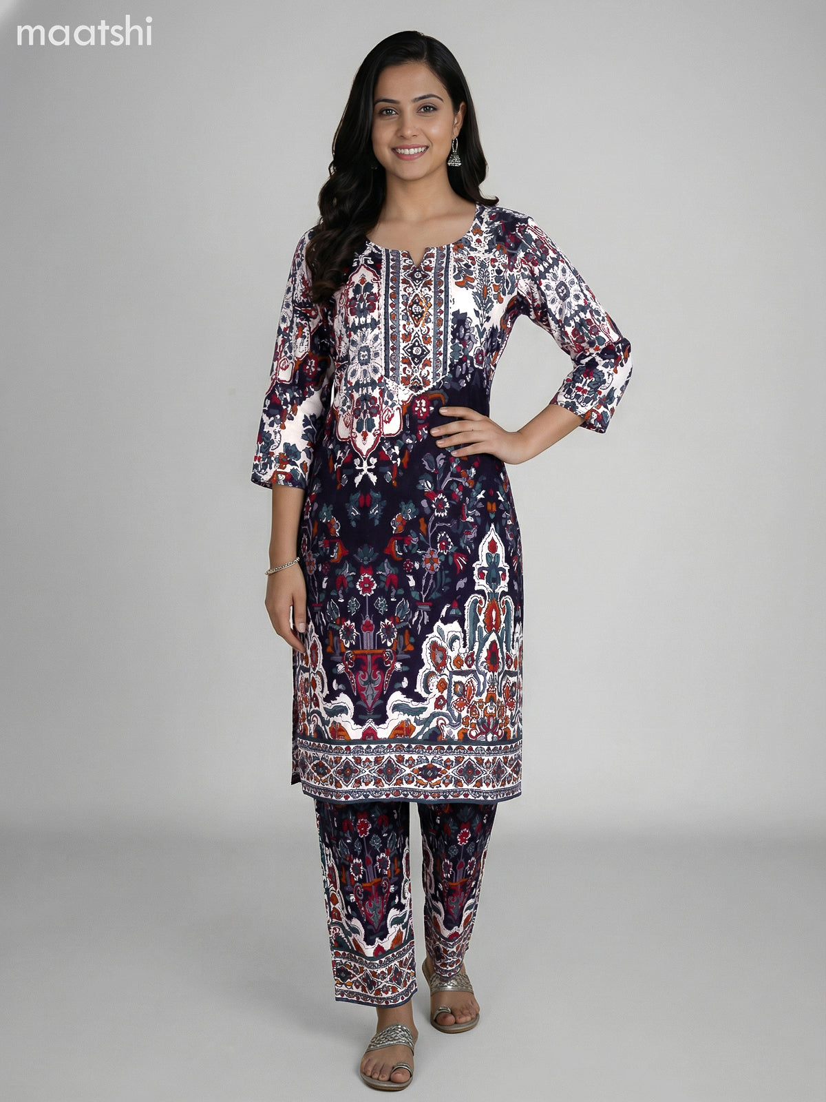 Deep Navy Blue and Off White Cotton Printed Co-Ord Set