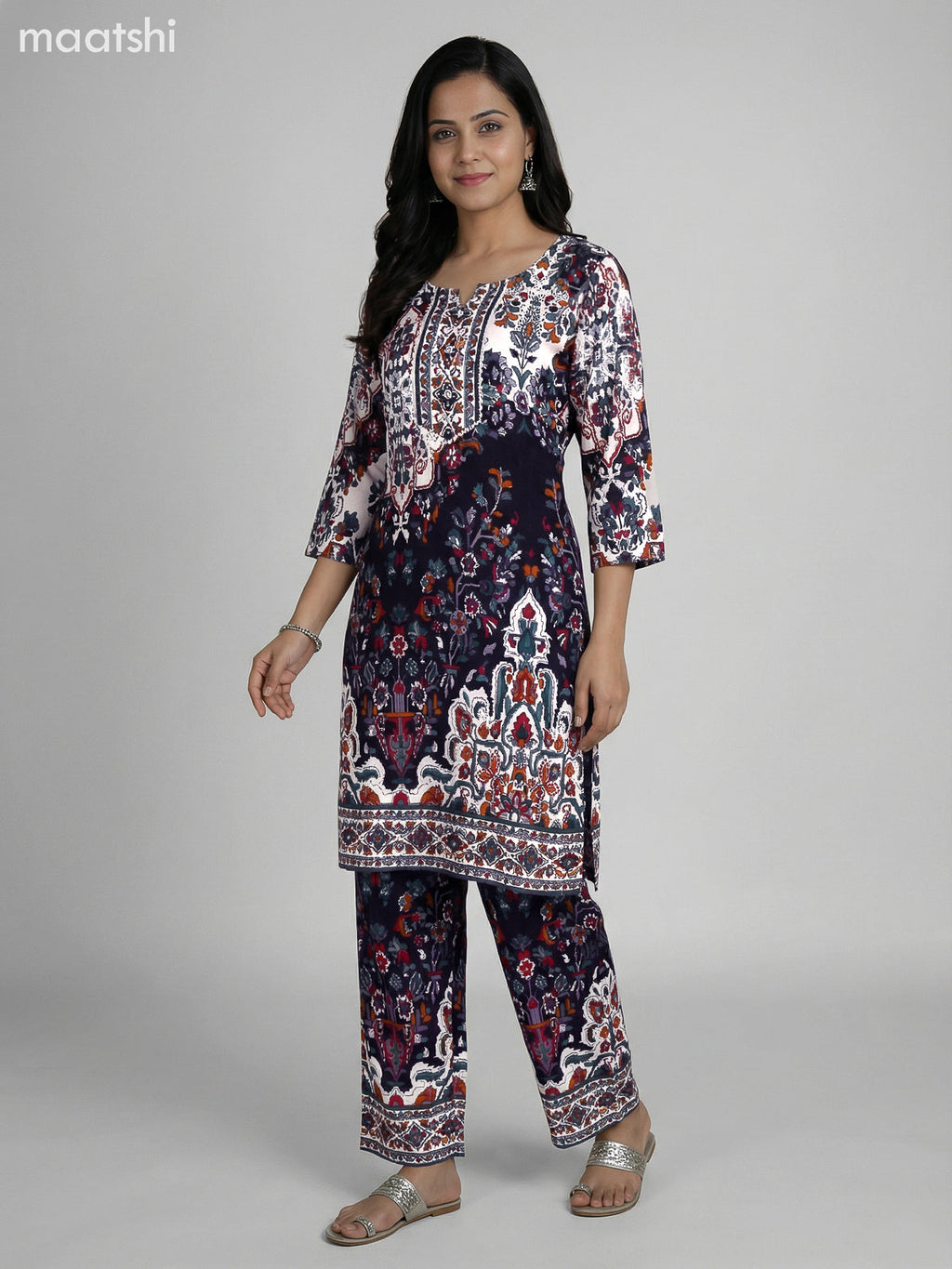 Deep Navy Blue and Off White Cotton Printed Co-Ord Set