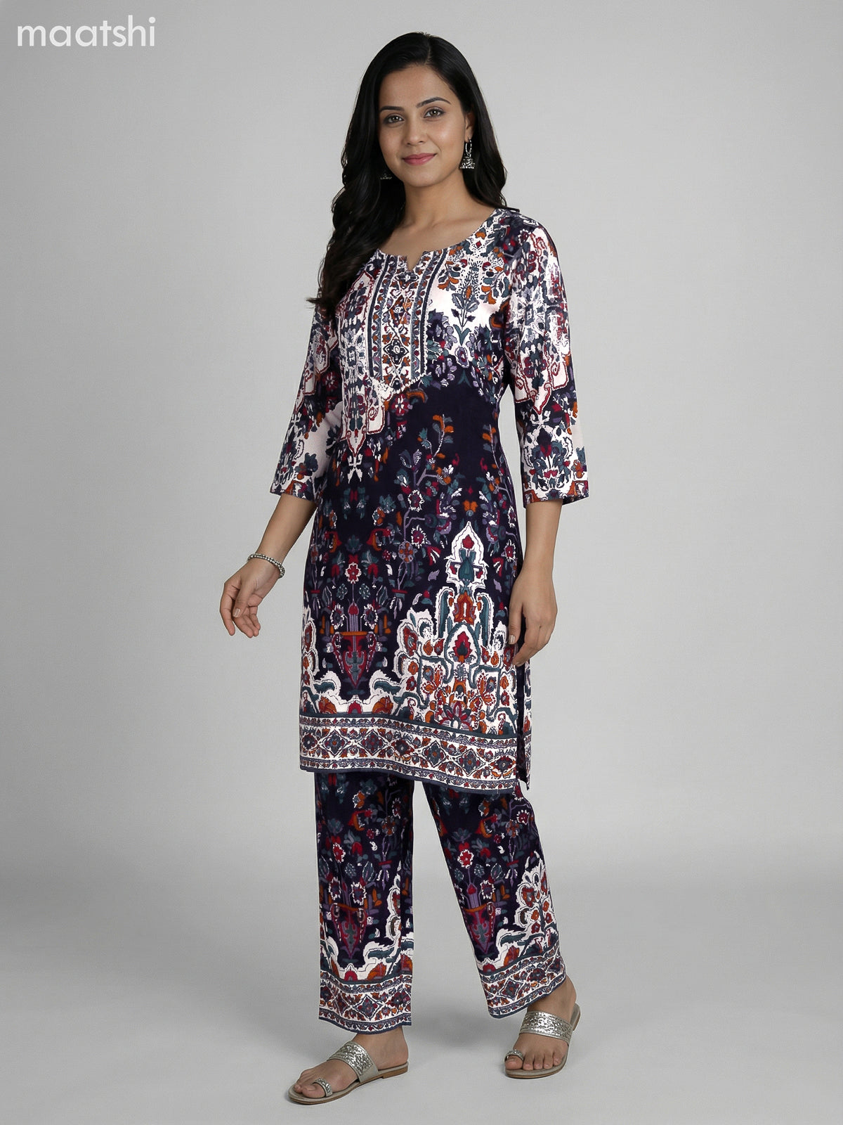Deep Navy Blue and Off White Cotton Printed Co-Ord Set