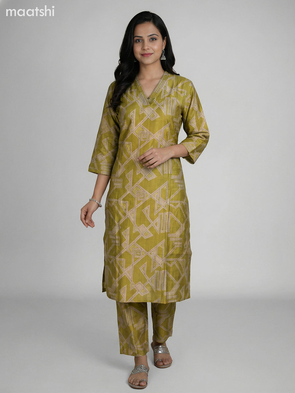 Lime Green Semi Silk Printed Co-Ord Set