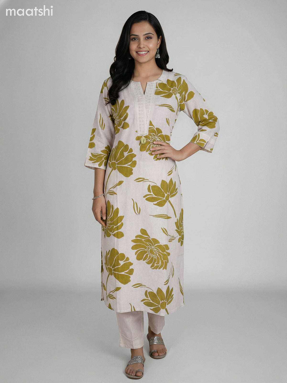 Cream and Mehendi Green Cotton Blend Printed Kurti Set