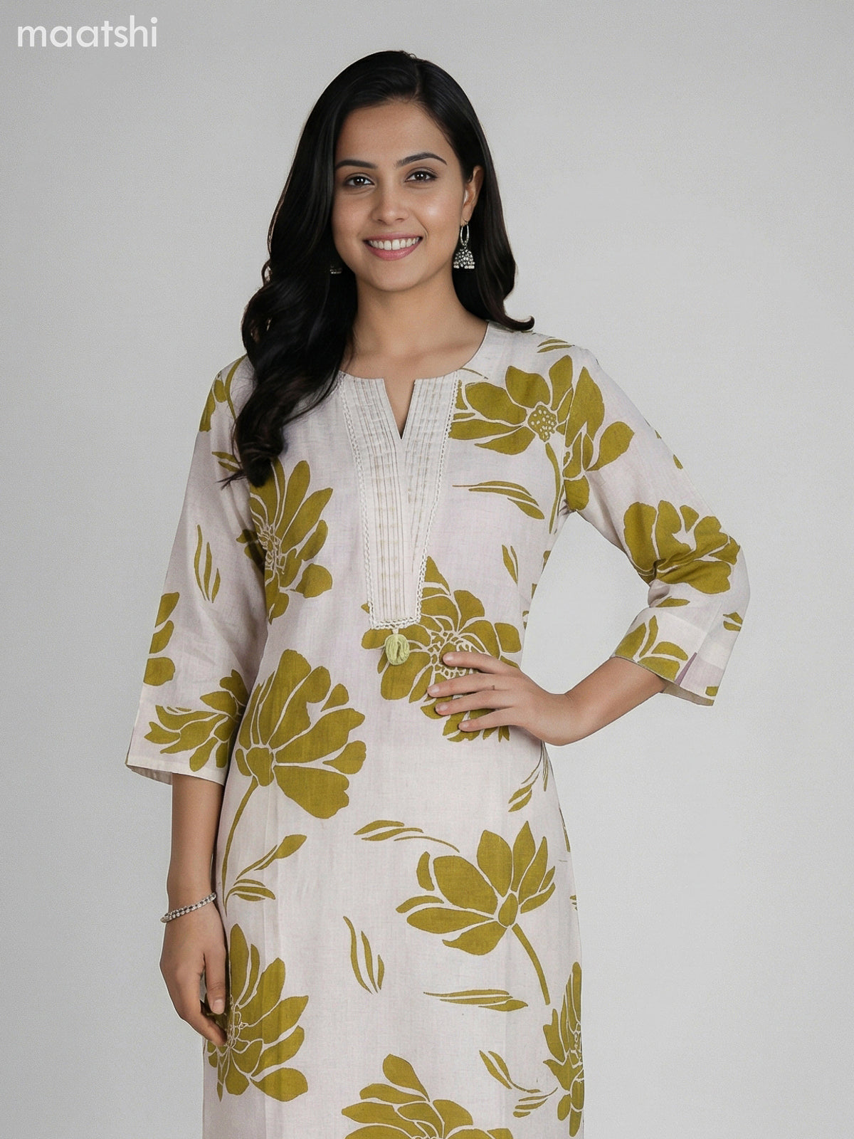 Cream and Mehendi Green Cotton Blend Printed Kurti Set