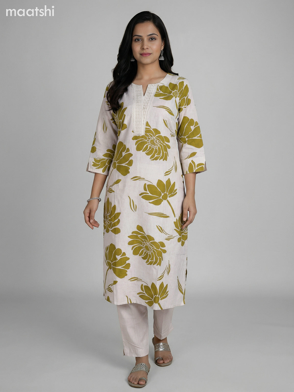 Cream and Mehendi Green Cotton Blend Printed Kurti Set