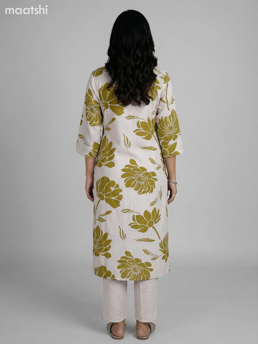 Cream and Mehendi Green Cotton Blend Printed Kurti Set