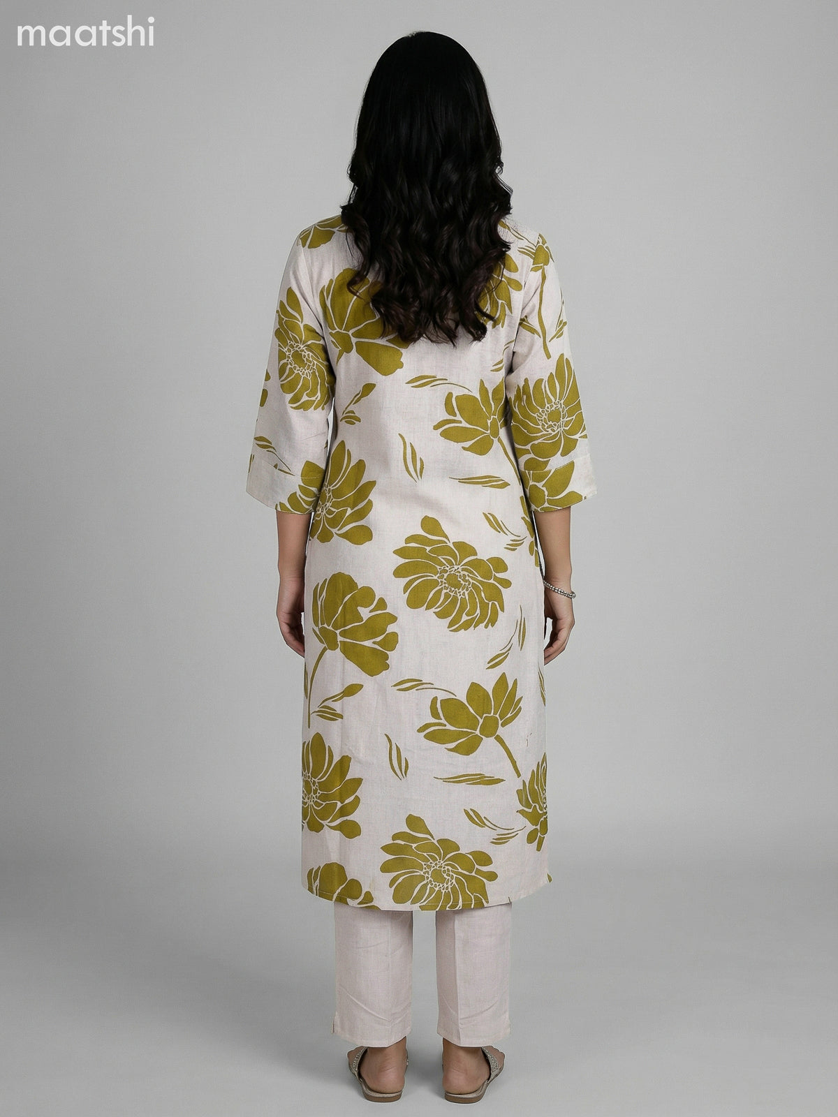 Cream and Mehendi Green Cotton Blend Printed Kurti Set