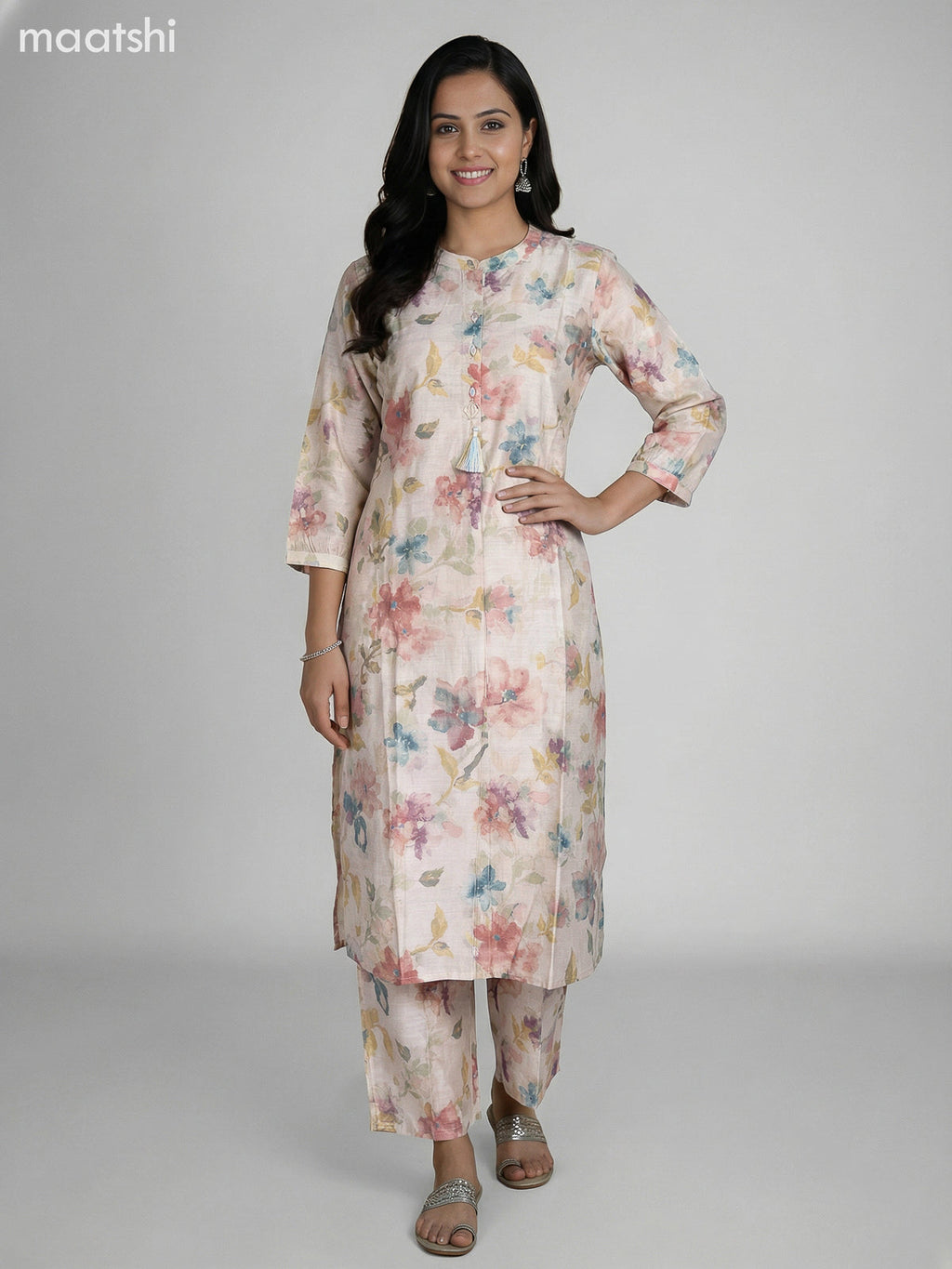 Cream Semi Silk Floral Printed Co-Ord Set