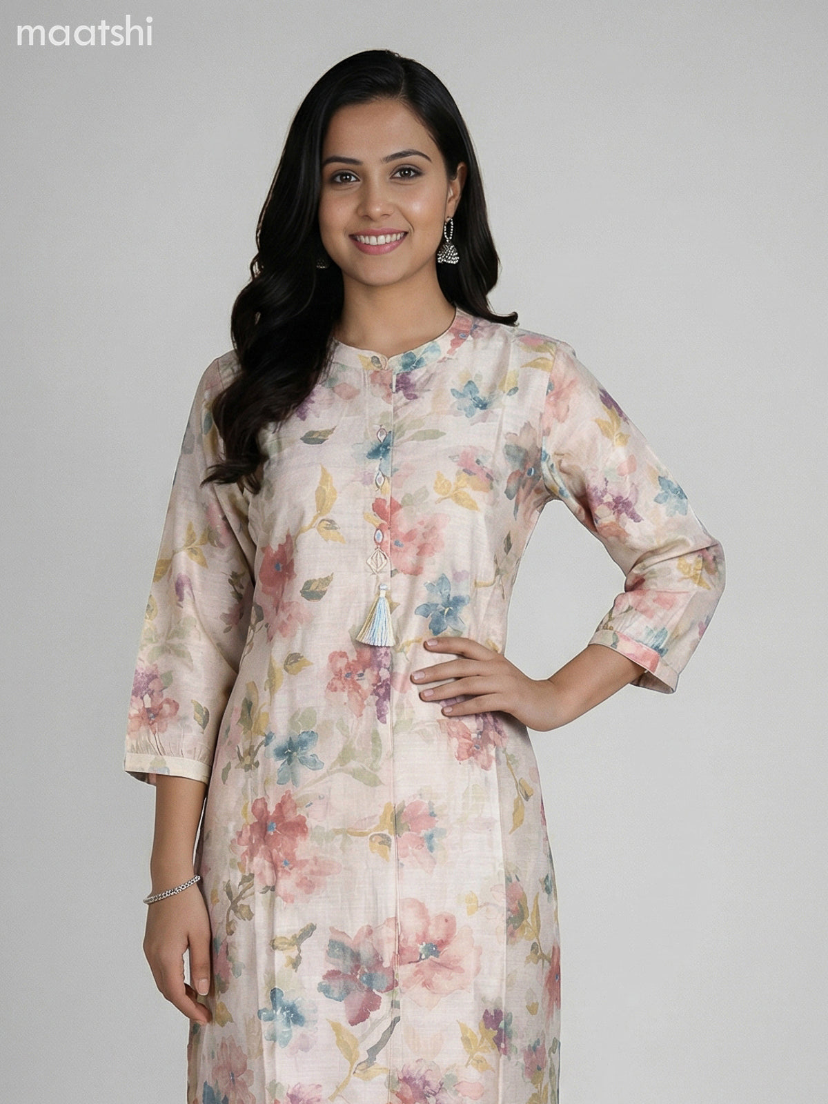 Cream Semi Silk Floral Printed Co-Ord Set